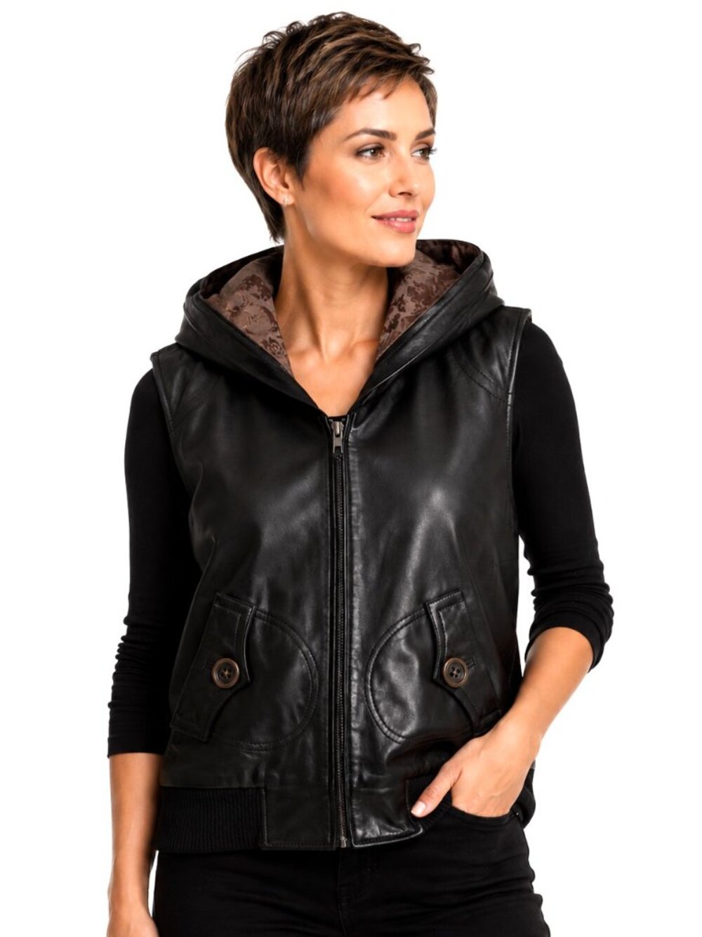 June Black Brown Hooded Leather Full Zip Vest